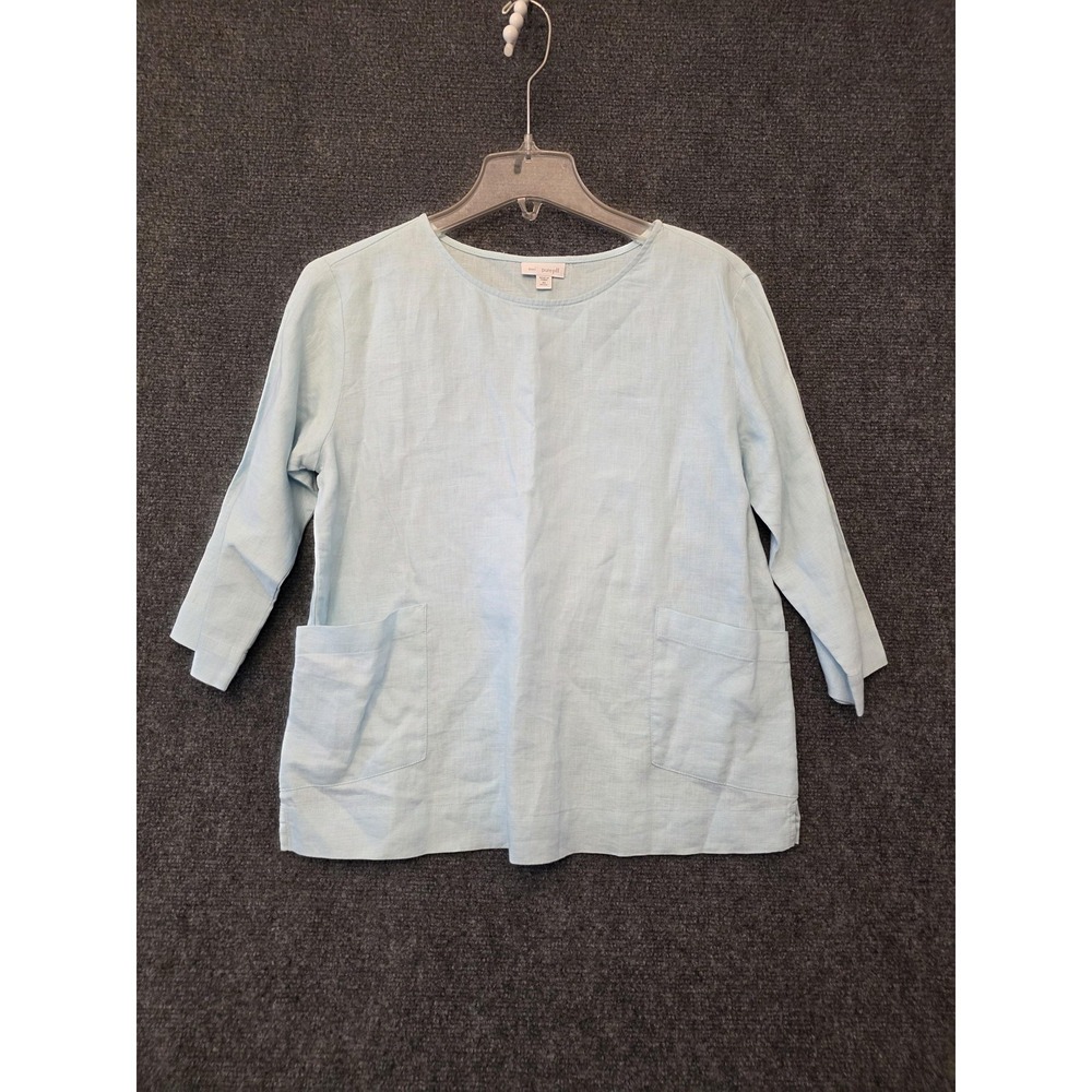 Pure Jill Blouse Womens XS Petite Blue Linen 3/4 Sleeve Tunic Top‎ Front Pockets